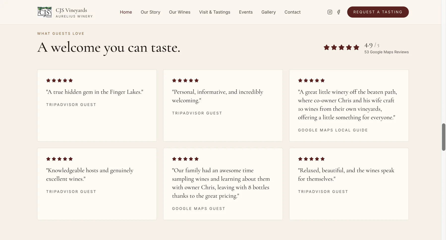 Customer feedback section of the redesigned CJS Vineyards site showing visitor reviews
