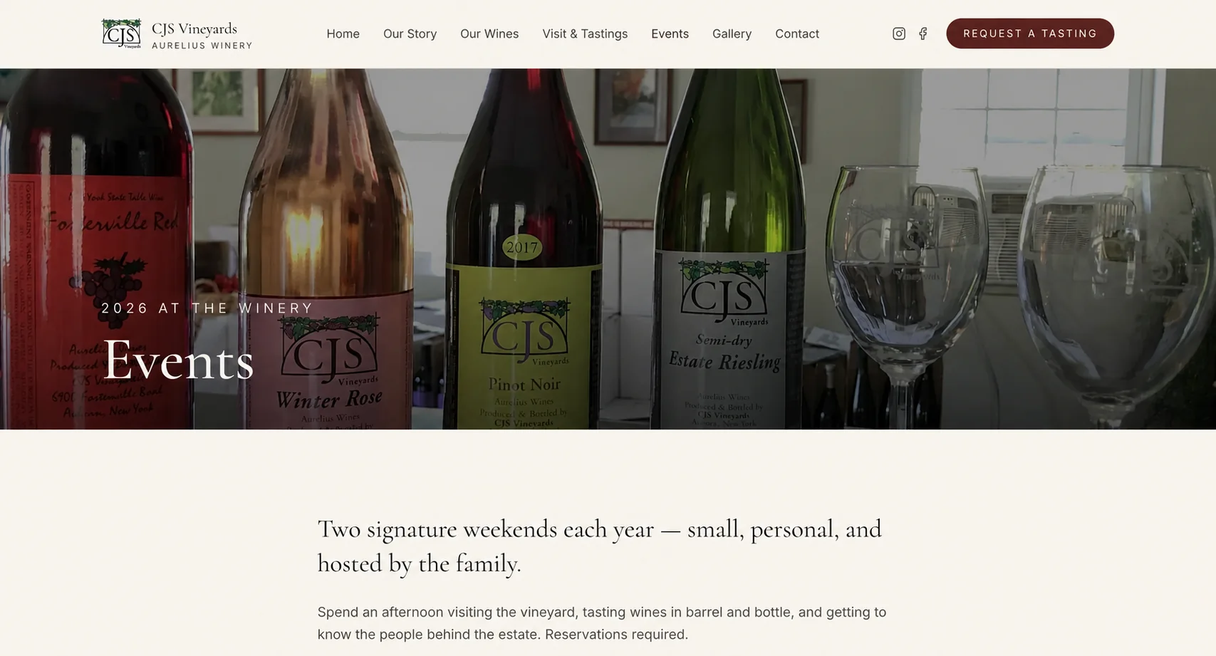 Redesigned CJS Vineyards events page listing upcoming vineyard events