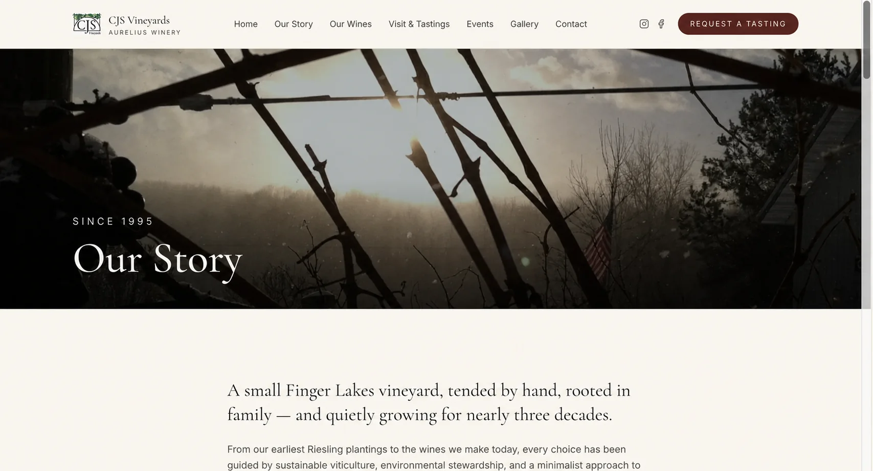 Redesigned CJS Vineyards Our Story page with editorial layout and family history