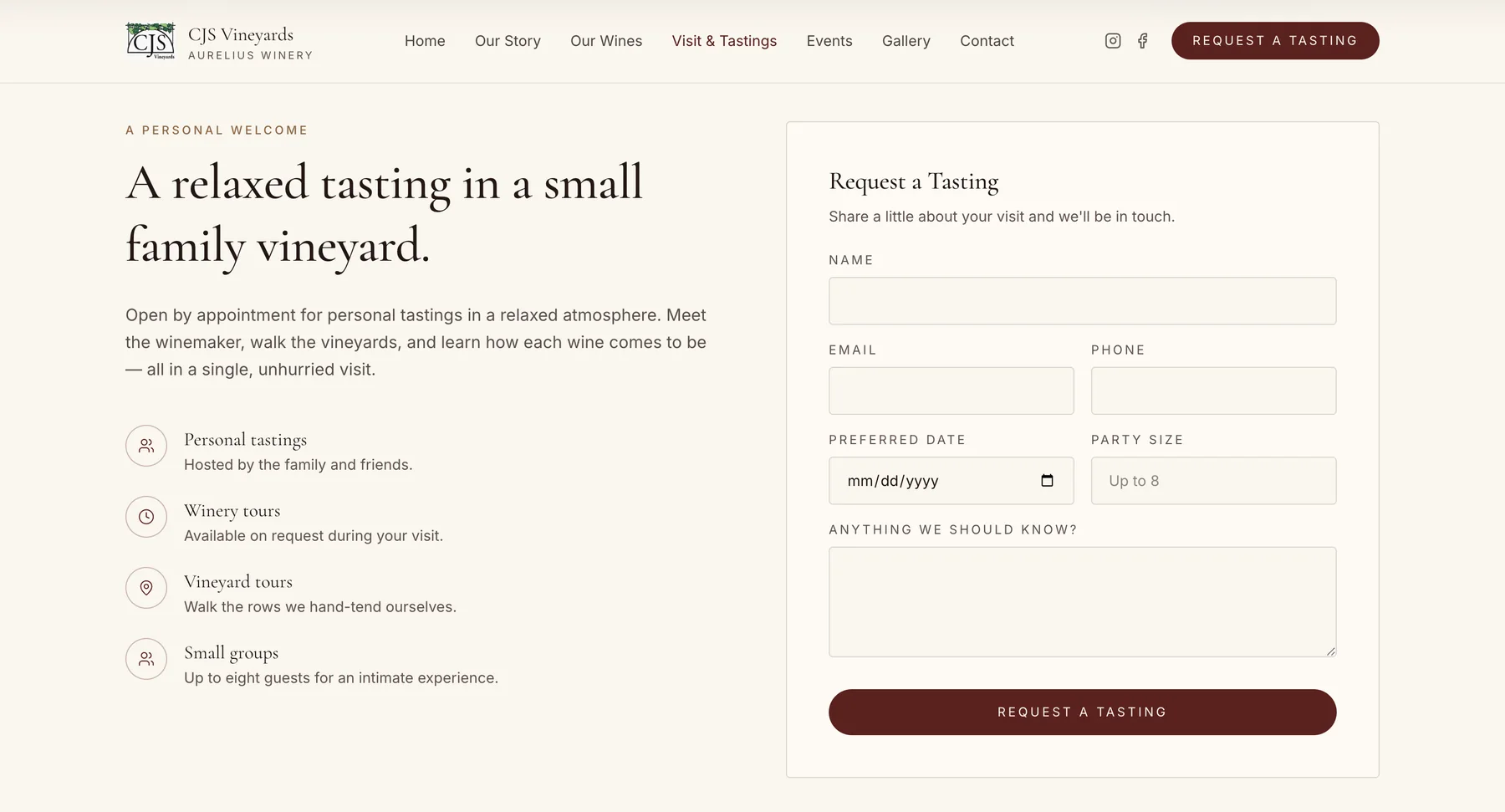 Tasting inquiry form on the redesigned CJS Vineyards site with name, date, and party size fields