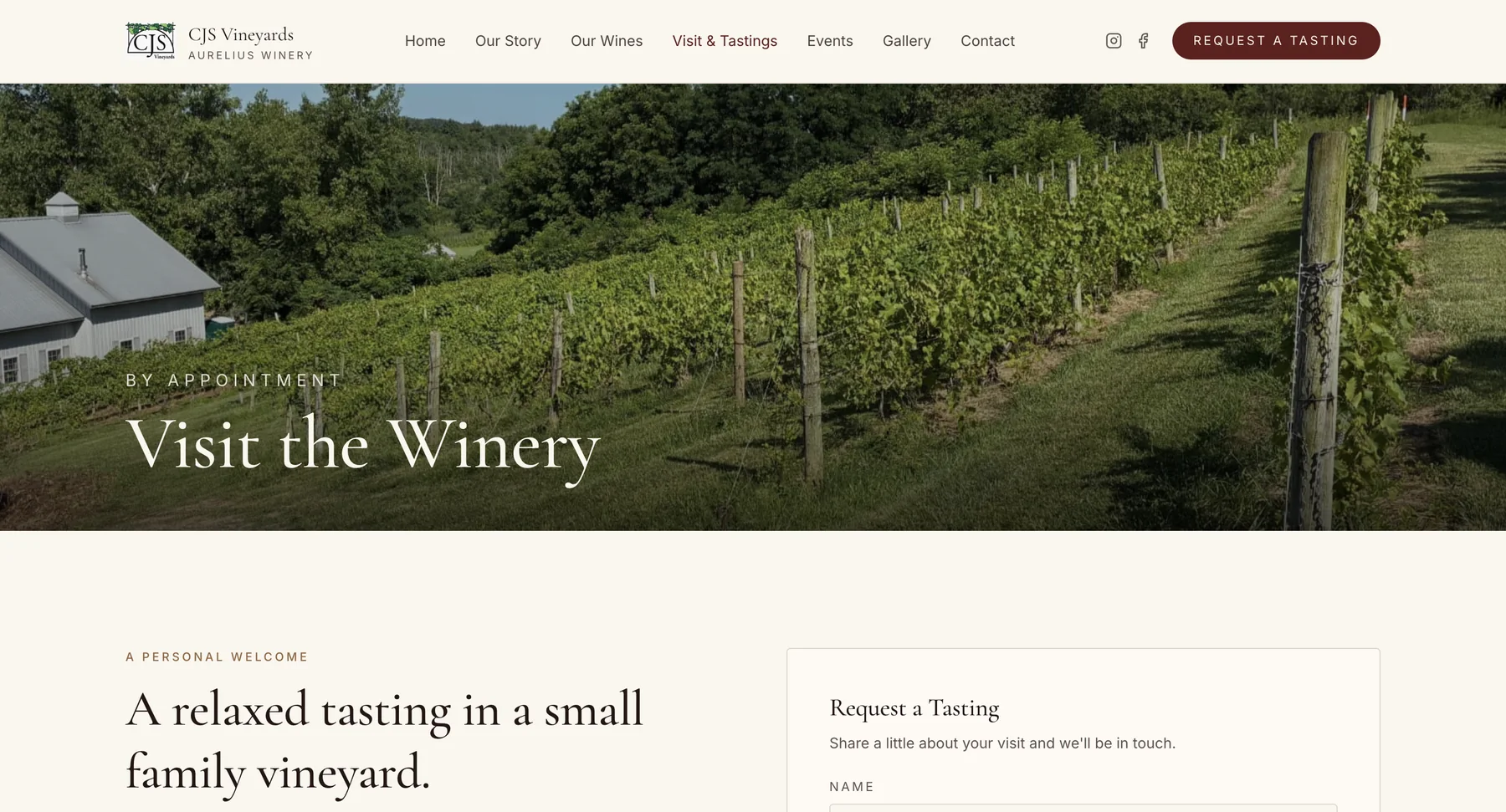 Redesigned CJS Vineyards visit and tastings page with hours, directions, and a booking action