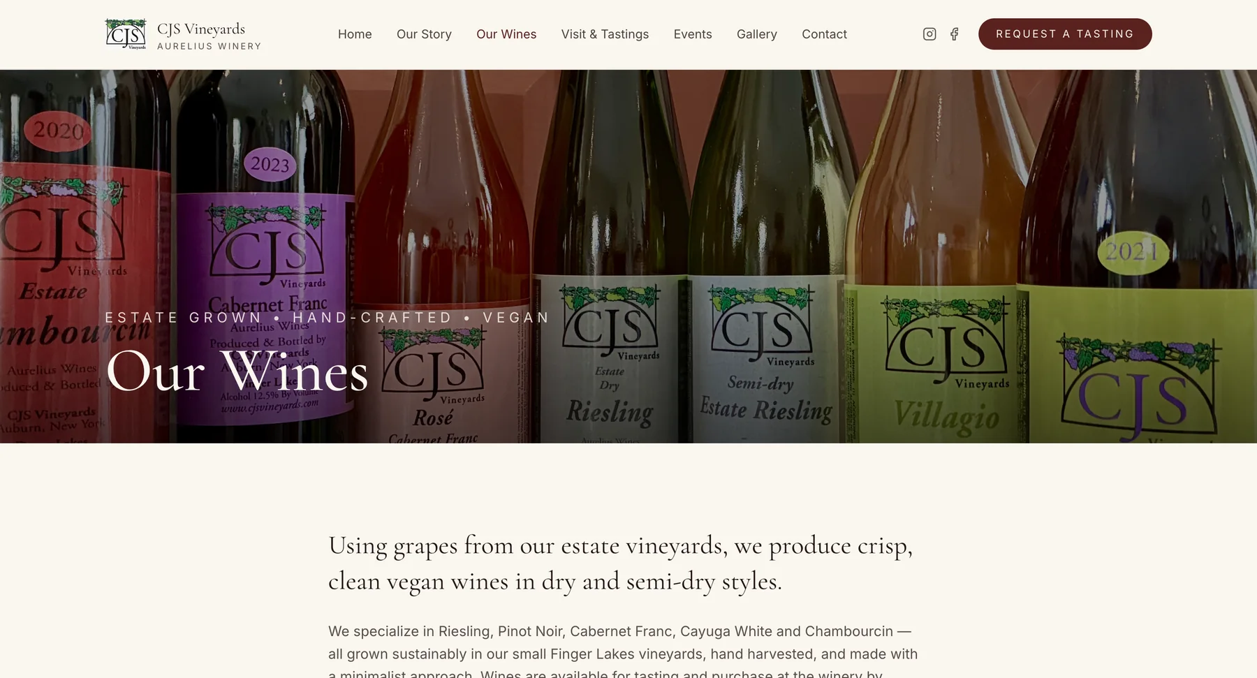 Redesigned CJS Vineyards wine collection page showing bottle listings with tasting notes