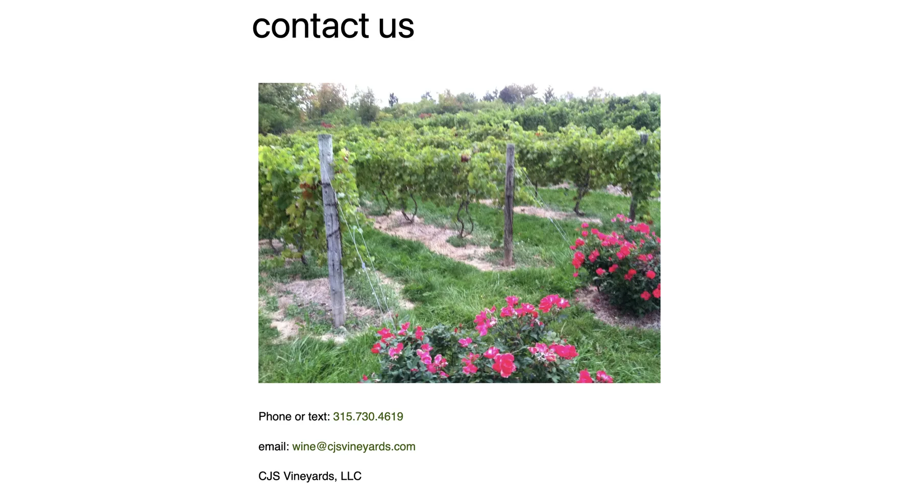 Original CJS Vineyards contact page with contact details buried in body copy
