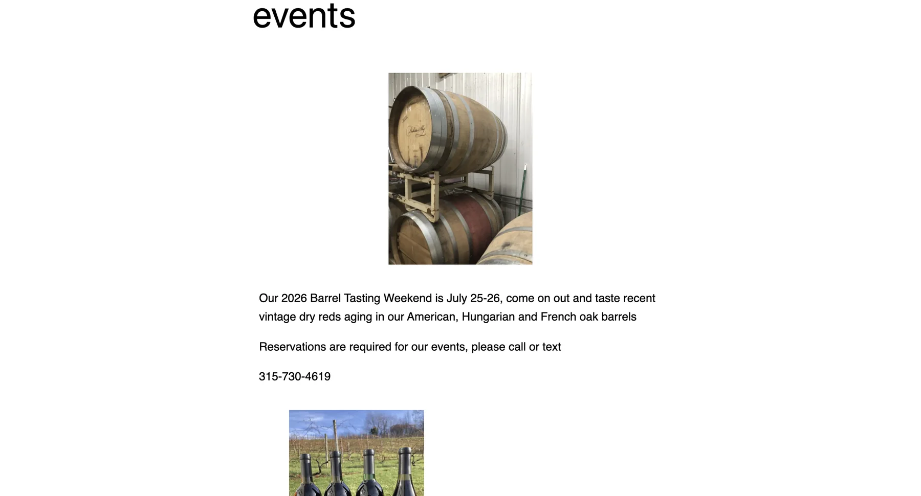 Original CJS Vineyards events page with small text and sparse layout