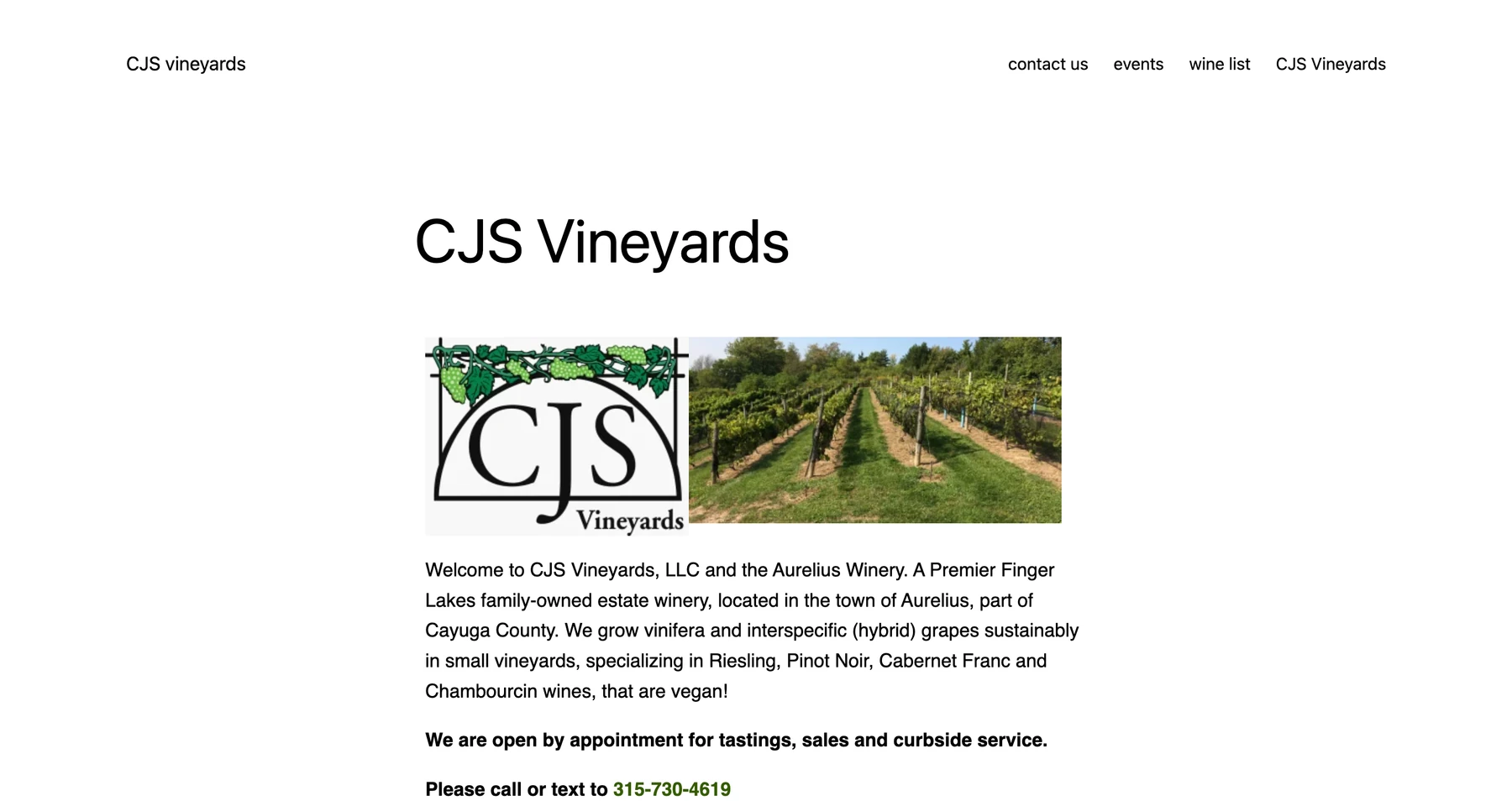 The original CJS Vineyards home page before the redesign, with small images and dense text