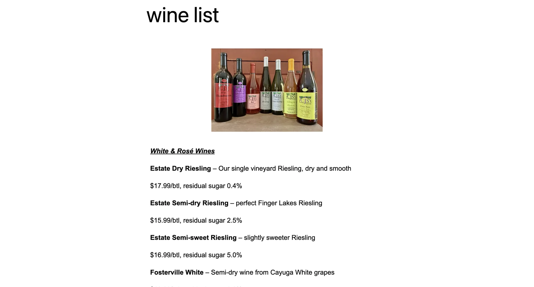 Original CJS Vineyards wine list page showing a plain text list of wines