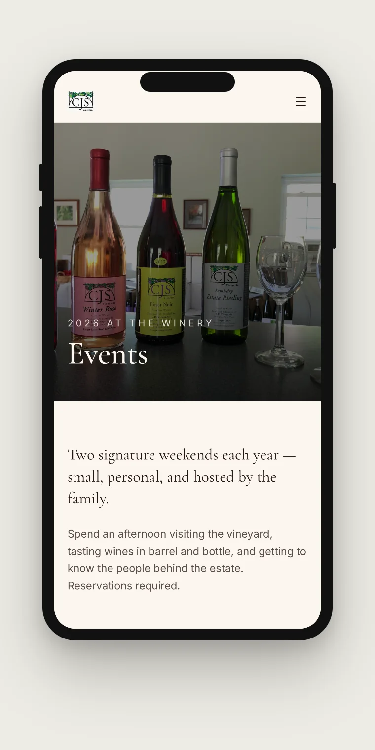 Redesigned CJS Vineyards events page shown on a phone