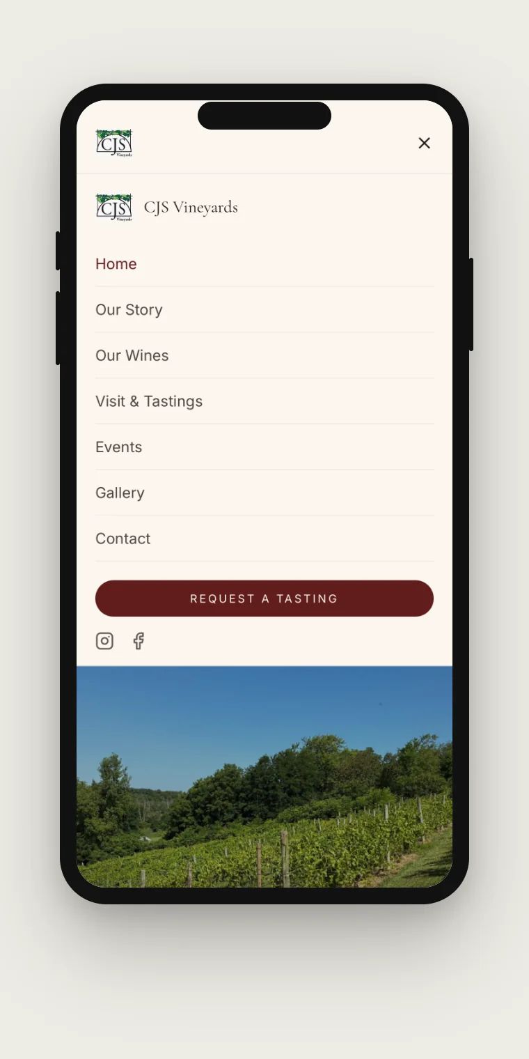Redesigned CJS Vineyards mobile navigation menu open on a phone, listing the main pages