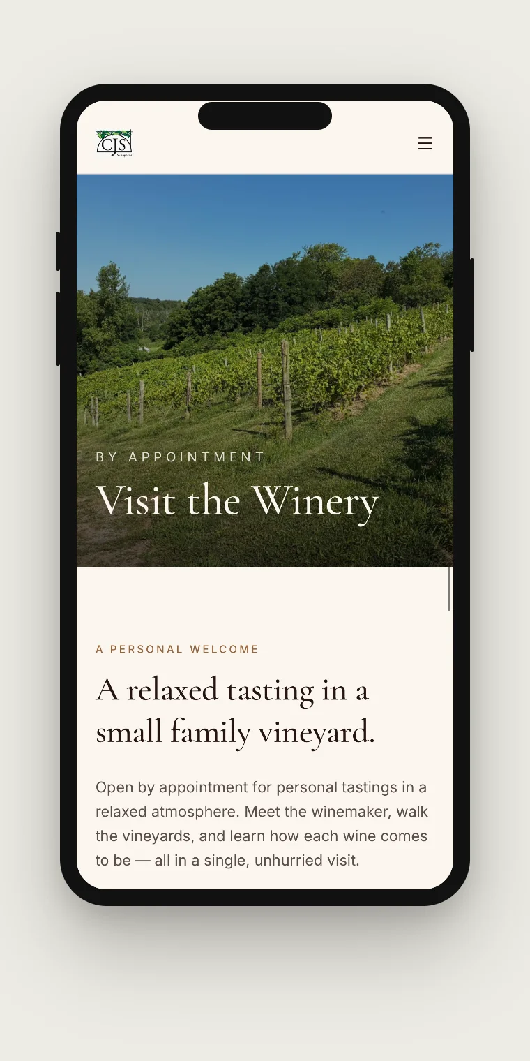Redesigned CJS Vineyards visit and tastings page shown on a phone